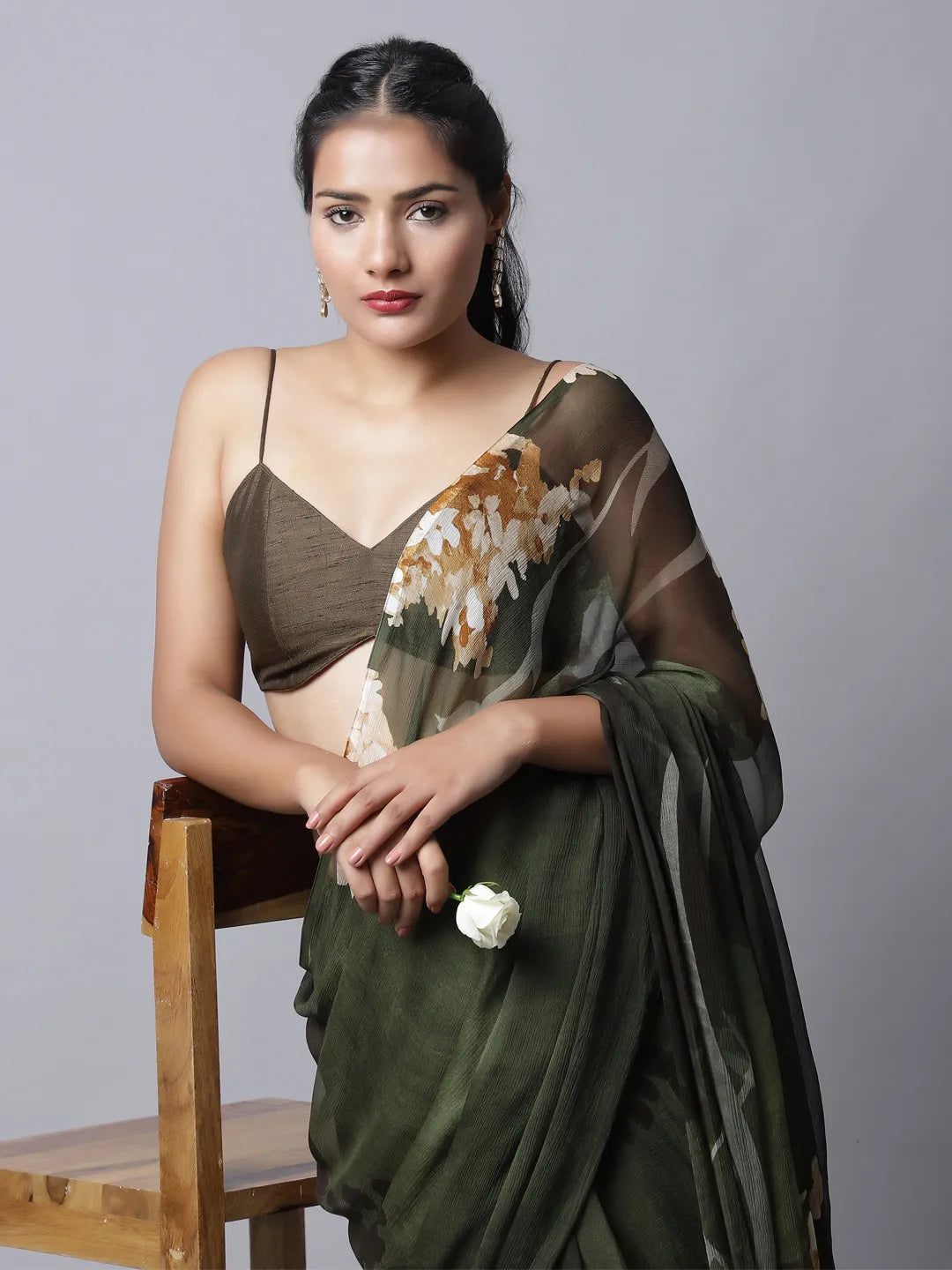 Olive Eden Silk Chiffon Saree with earthy tones
