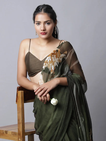 Olive Eden Silk Chiffon Saree with earthy tones