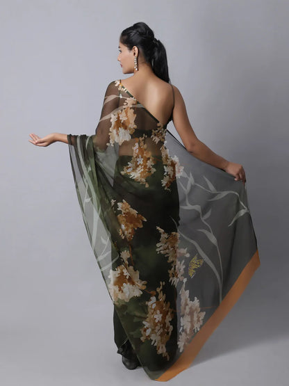 Olive Eden Silk Chiffon Saree with earthy tones