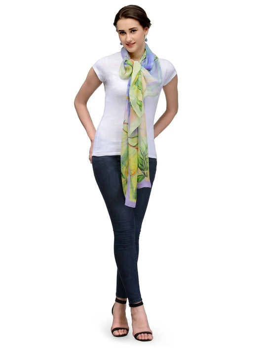 Lime Paradise Silk Chiffon Stole | Tropical Green and Yellow Floral Birds of Paradise Scarf  