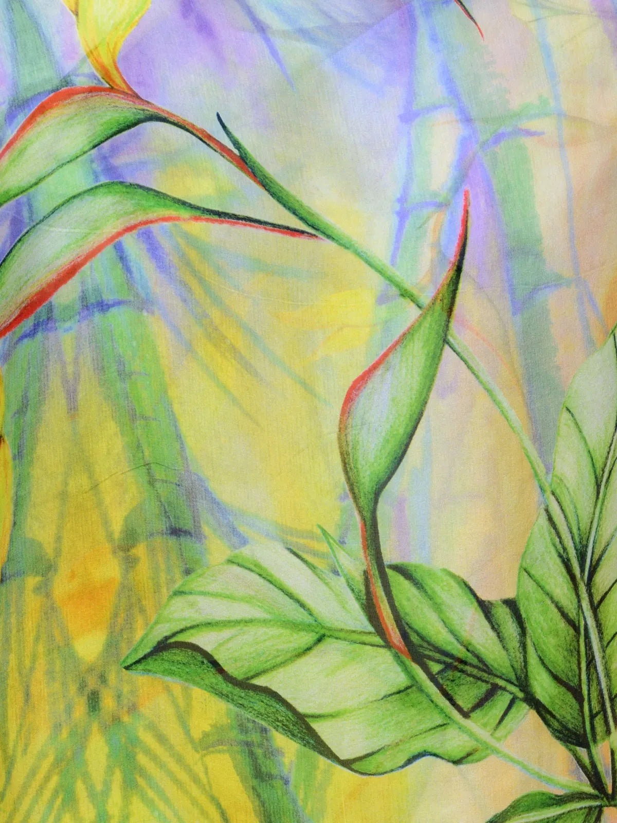 Lime Paradise Silk Chiffon Stole | Tropical Green and Yellow Floral Birds of Paradise Scarf  