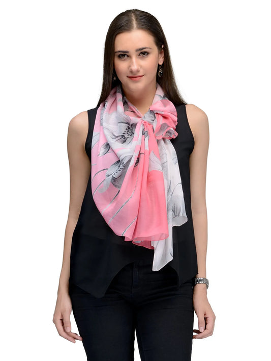 Blush Pink and Black Silk Chiffon Stole | Floral Designer Scarf  