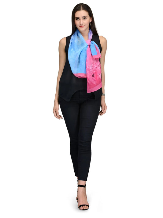 Pink and Sky Blue Rose Cloud Silk Chiffon Stole | Floral Designer Scarf  