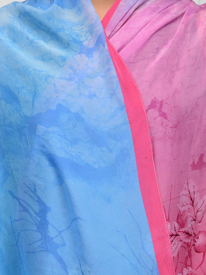 Pink and Sky Blue Rose Cloud Silk Chiffon Stole | Floral Designer Scarf  