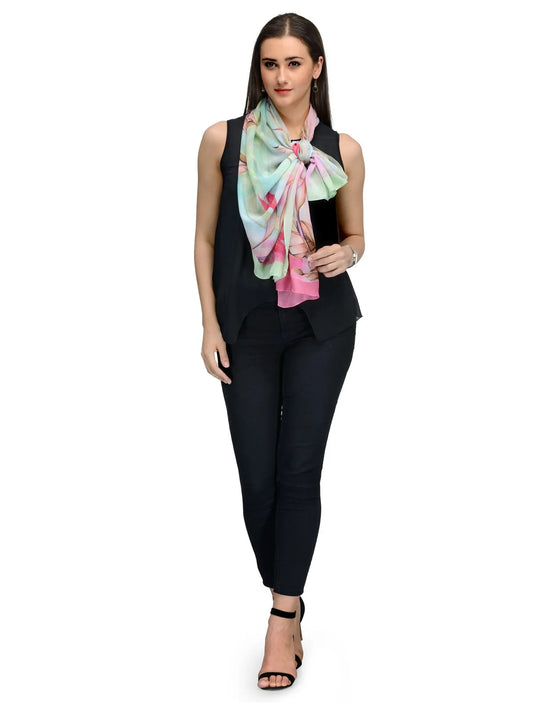 Mint Green and Blush Pink Paradise Floral Silk Chiffon Stole | Designer Botanical Scarf  