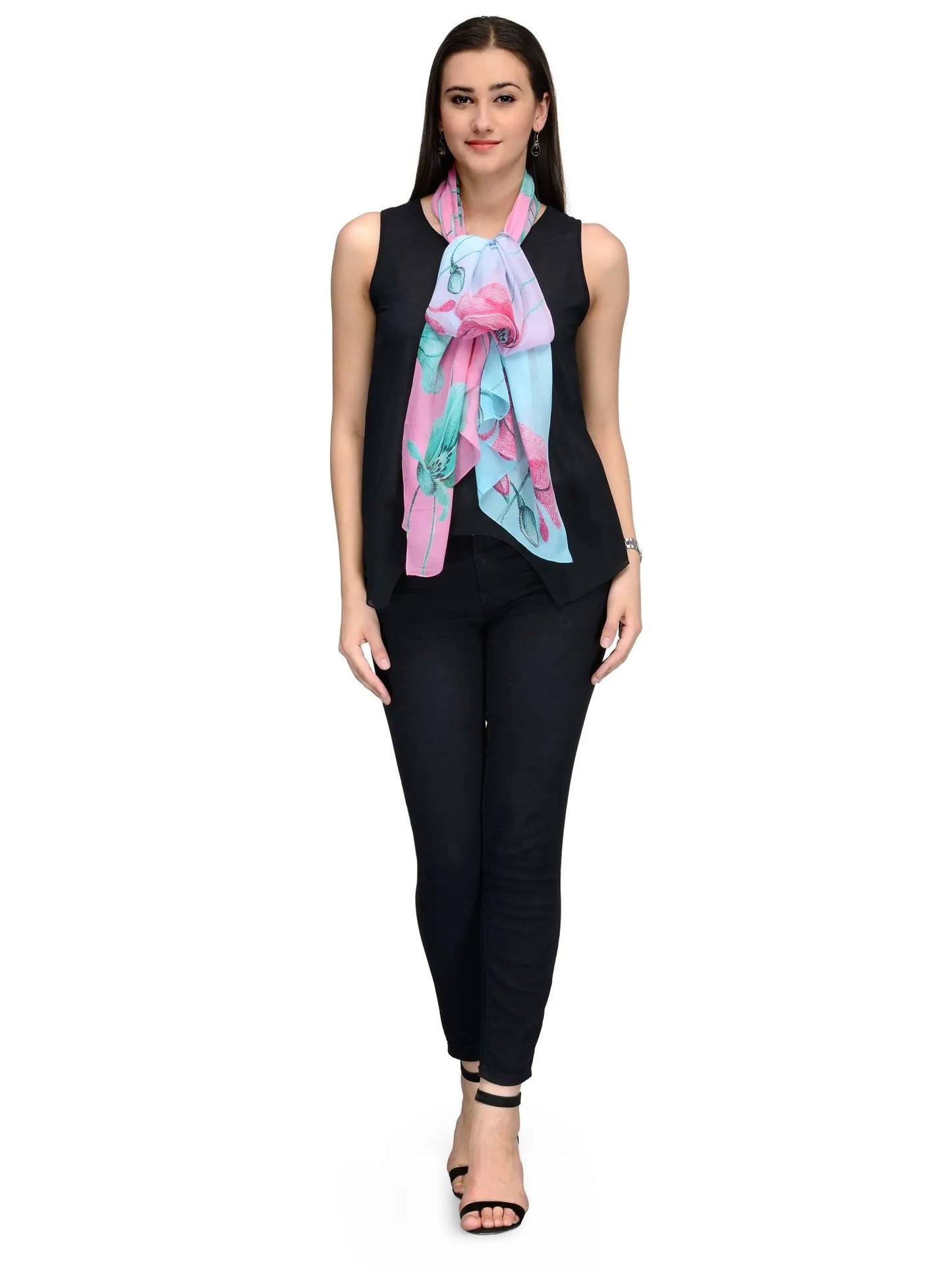Sky Blue and Pink Lily Bloom Silk Chiffon Stole | Botanical Designer Scarf