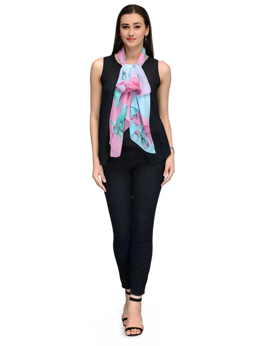 Sky Blue and Pink Lily Bloom Silk Chiffon Stole | Botanical Designer Scarf