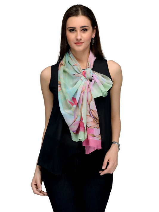 Mint Green and Blush Pink Paradise Floral Silk Chiffon Stole | Designer Botanical Scarf  
