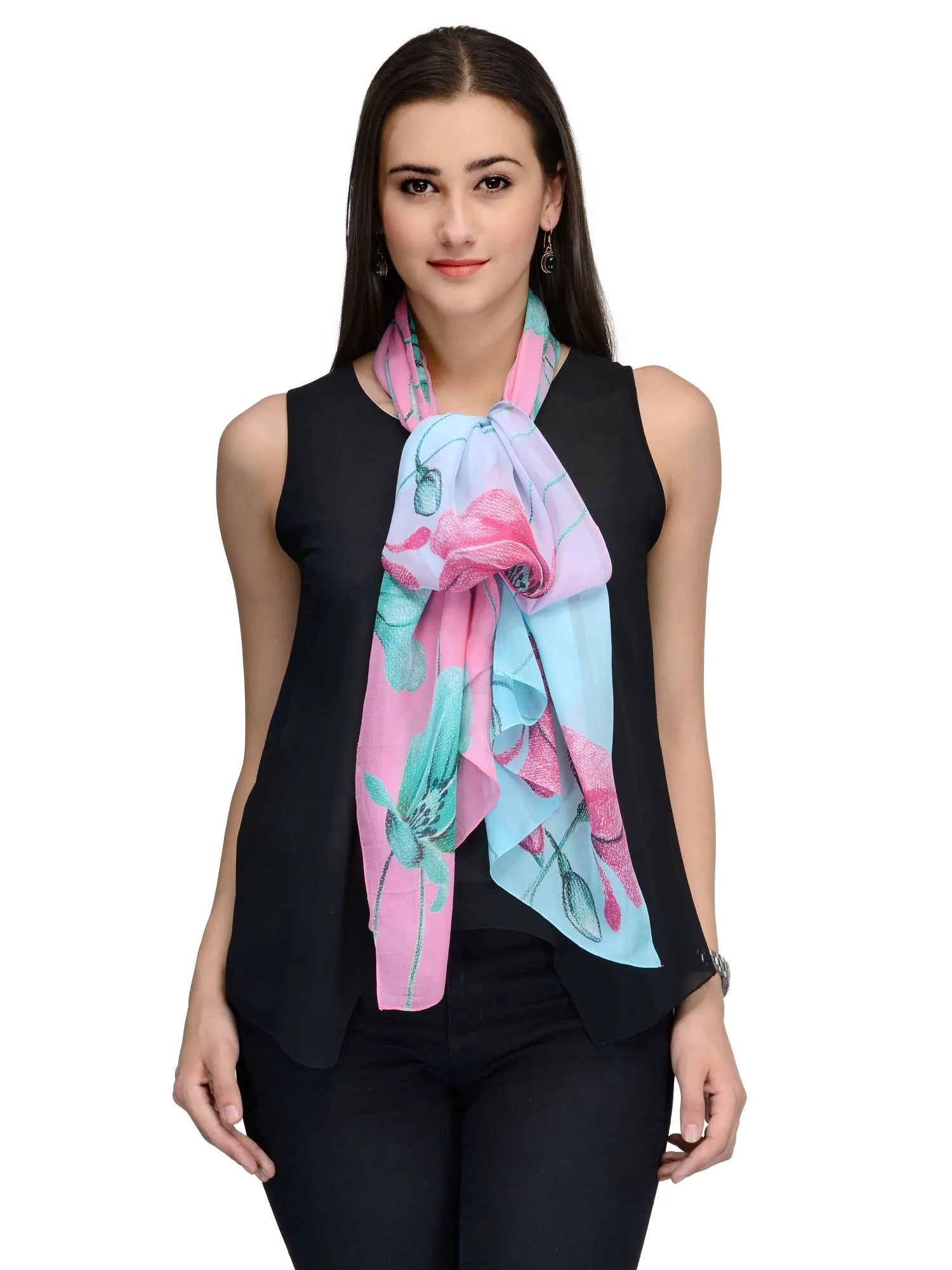 Sky Blue and Pink Lily Bloom Silk Chiffon Stole | Botanical Designer Scarf