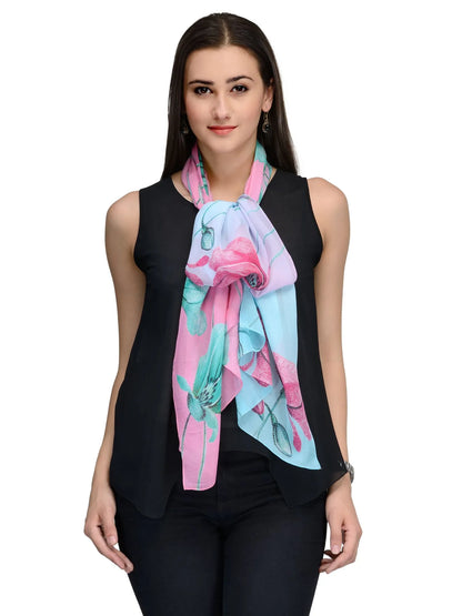 Sky Blue and Pink Lily Bloom Silk Chiffon Stole | Botanical Designer Scarf