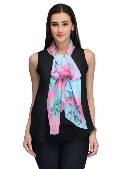 Sky Blue and Pink Lily Bloom Silk Chiffon Stole | Botanical Designer Scarf