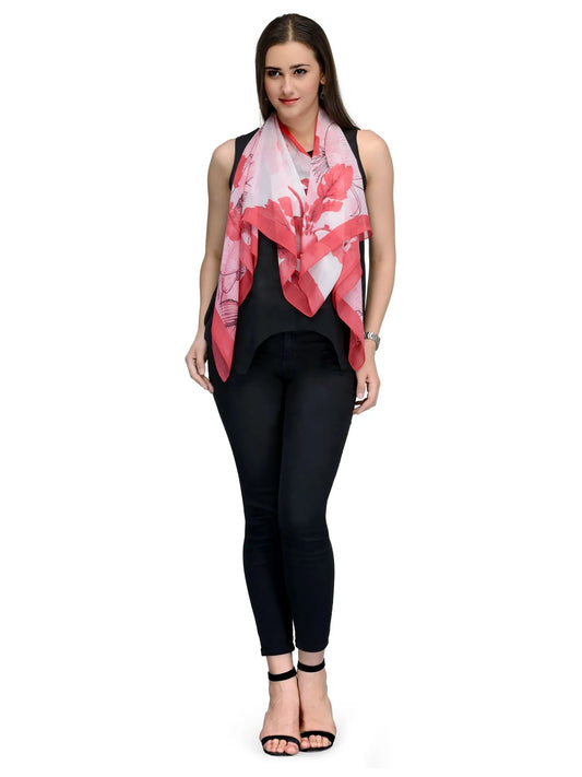 Crimson Red Floral Silk Chiffon Stole – Crimson Bloom Designer Scarf  