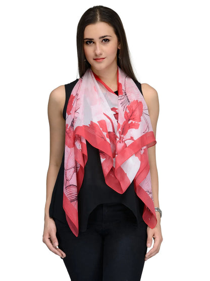 Crimson Red Floral Silk Chiffon Stole – Crimson Bloom Designer Scarf  