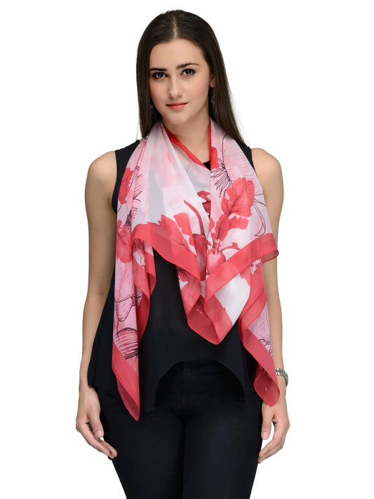 Crimson Red Floral Silk Chiffon Stole – Crimson Bloom Designer Scarf  