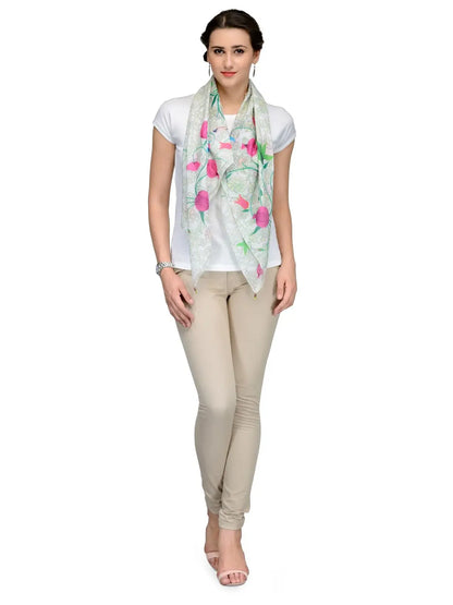 Cream cotton silk scarf with pink pomegranates