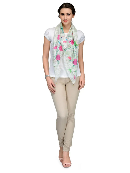Cream cotton silk scarf with pink pomegranates