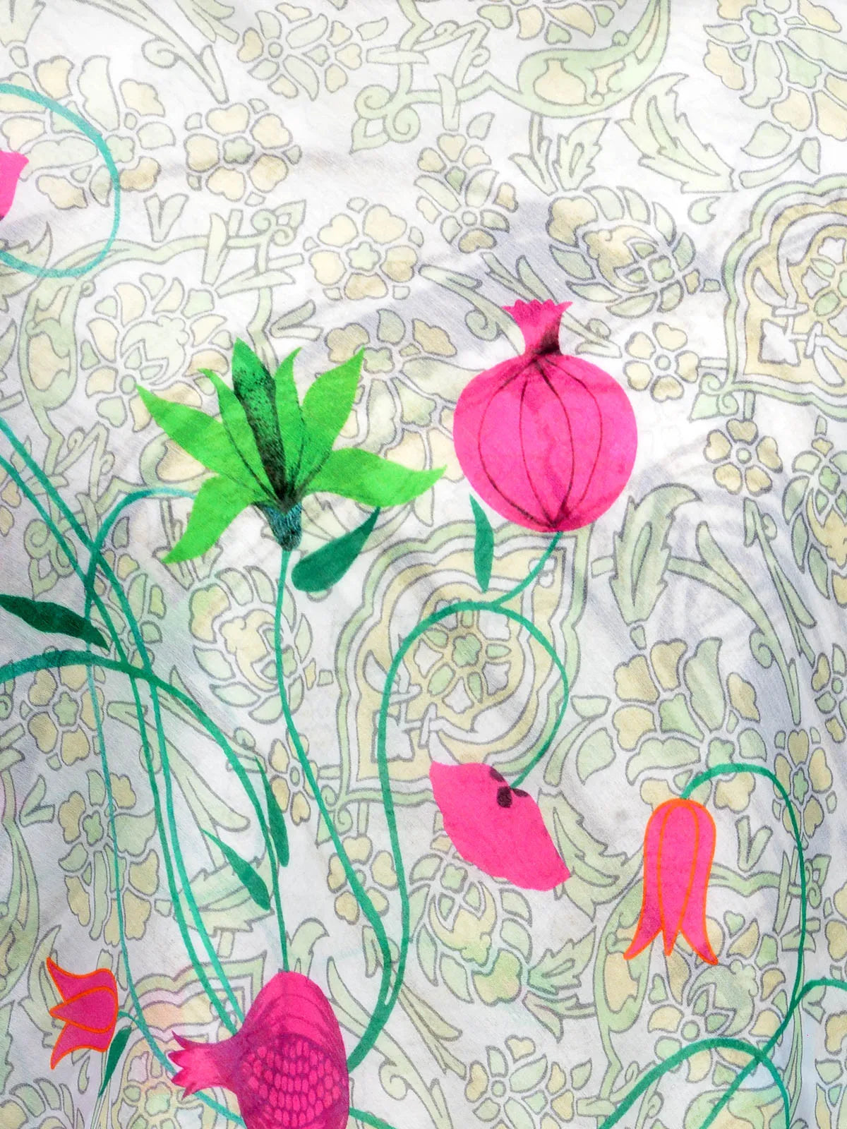 Cream cotton silk scarf with pink pomegranates
