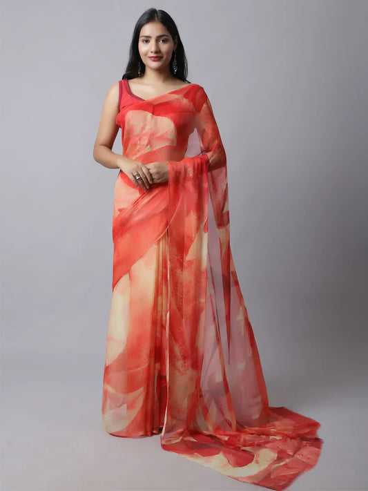 Ruby Red Silk Chiffon Saree with Floral Accents