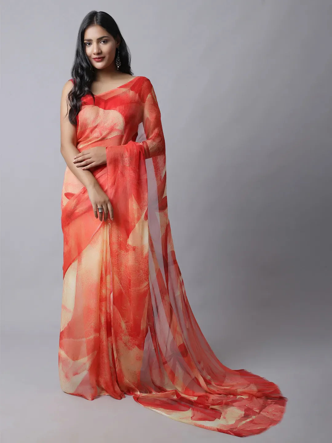 Ruby Red Silk Chiffon Saree with Floral Accents
