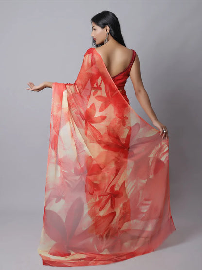 Ruby Red Silk Chiffon Saree with Floral Accents