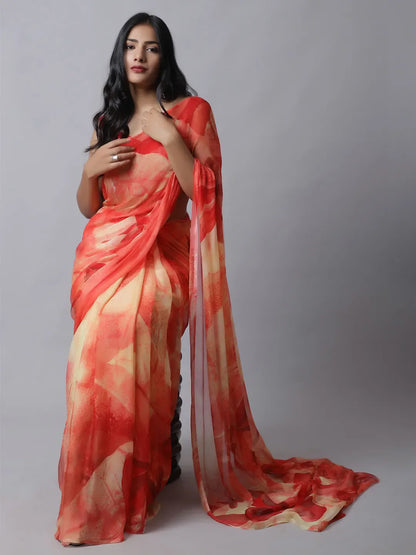 Ruby Red Silk Chiffon Saree with Floral Accents