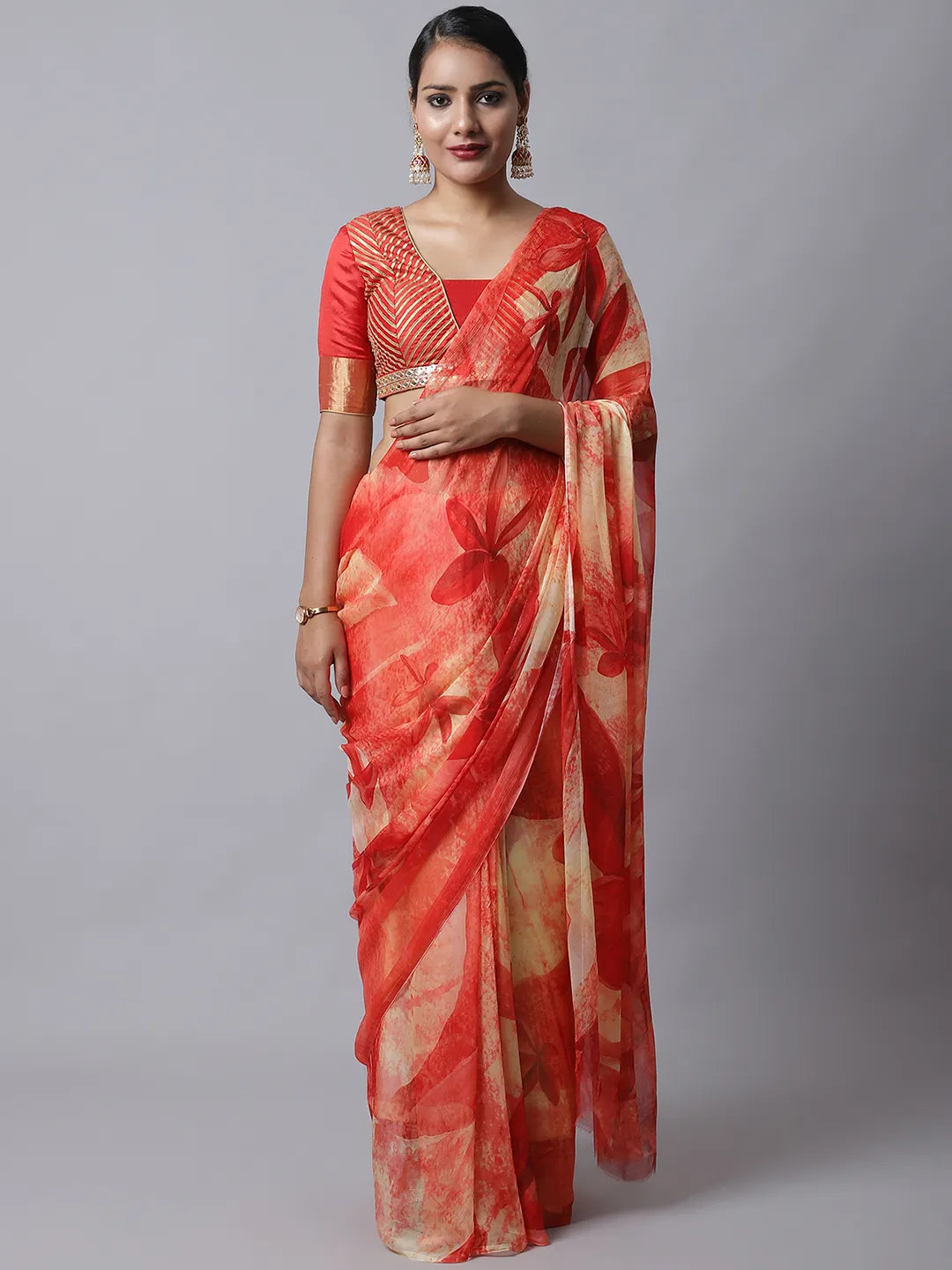 Ruby Red Festive Silk Chiffon Saree with florals