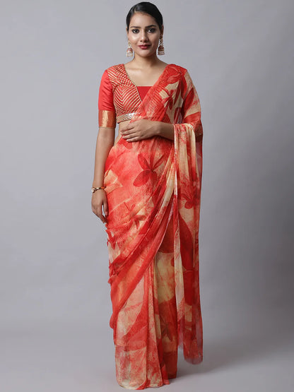 Ruby Red Festive Silk Chiffon Saree with florals