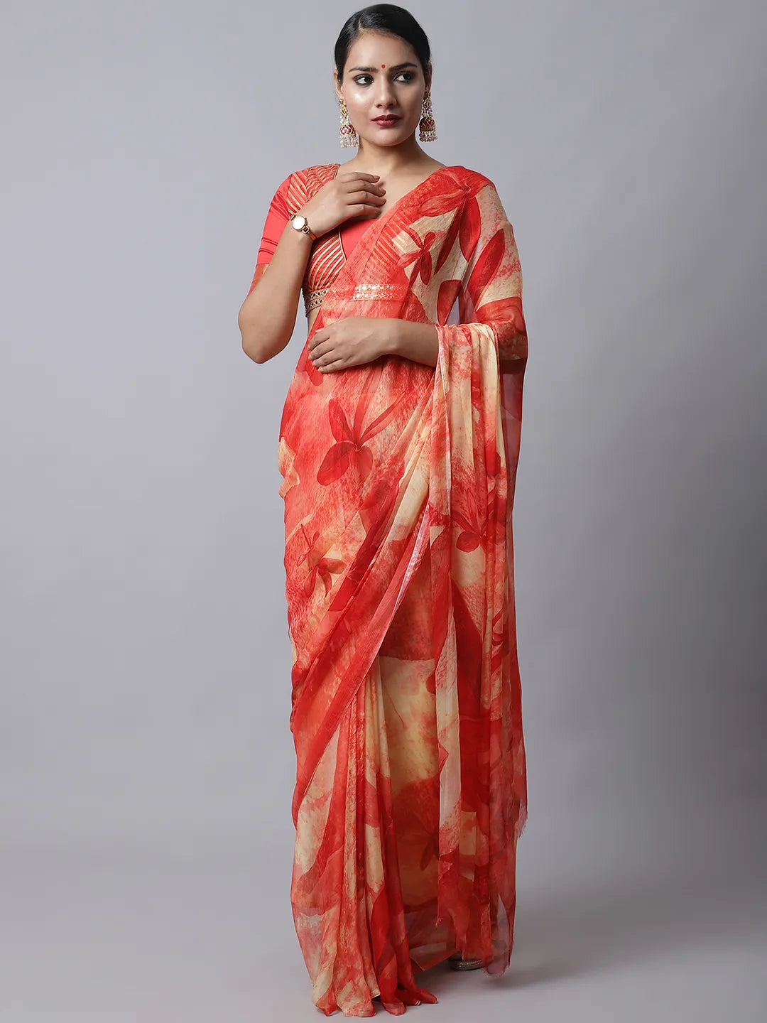 Ruby Red Festive Silk Chiffon Saree with florals