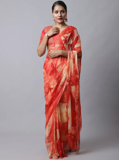Ruby Red Festive Silk Chiffon Saree with florals
