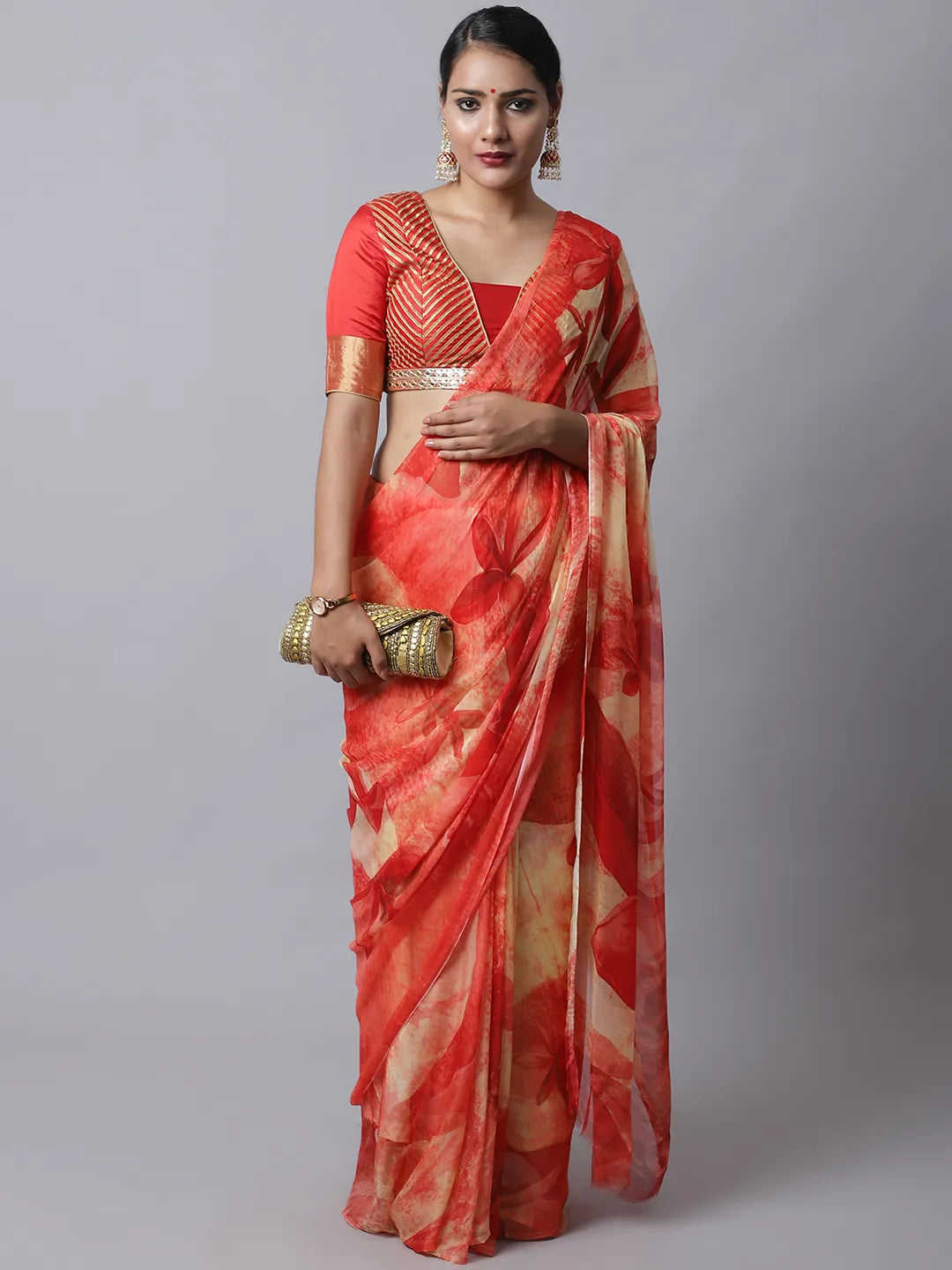 Ruby Red Festive Silk Chiffon Saree with florals