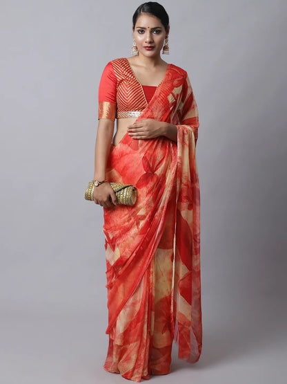 Ruby Red Festive Silk Chiffon Saree with florals
