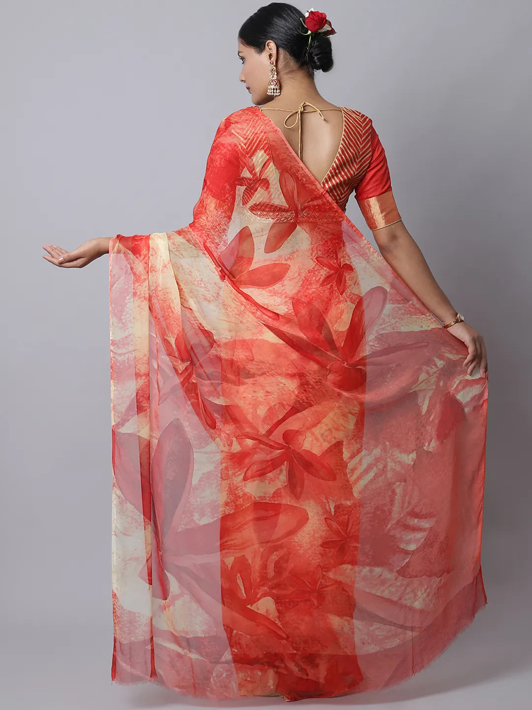 Ruby Red Festive Silk Chiffon Saree with florals