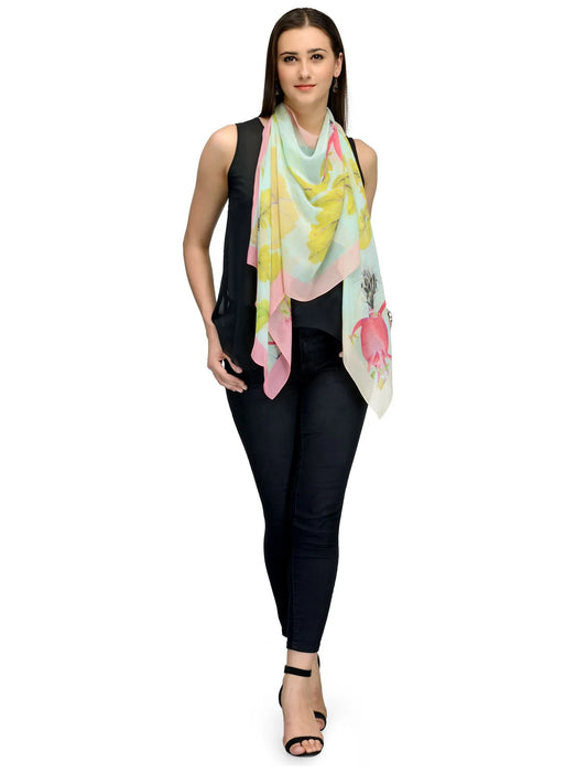 Seafoam Green and Coral Silk Chiffon Stole | Sea-Inspired Botanical Scarf  