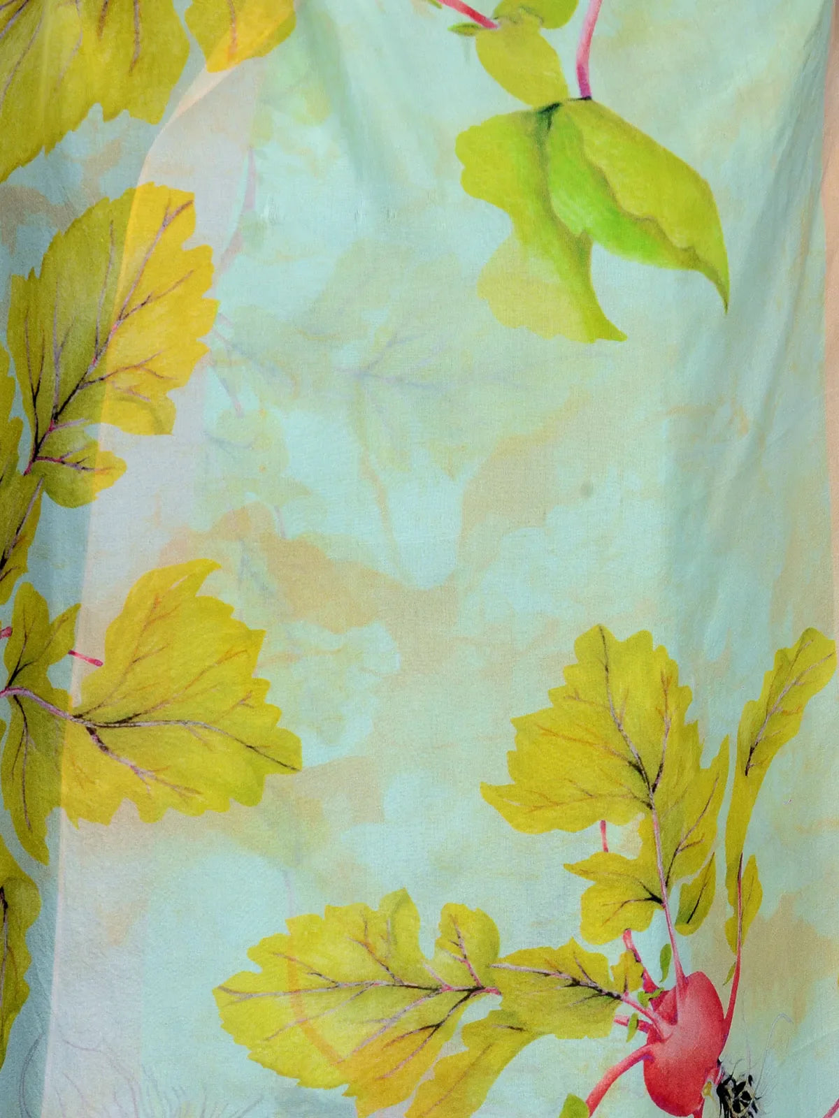 Seafoam Green and Coral Silk Chiffon Stole | Sea-Inspired Botanical Scarf  