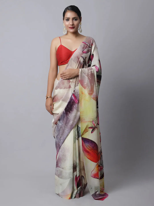 Scarlet Sage Crepe Silk Saree with bold floral design