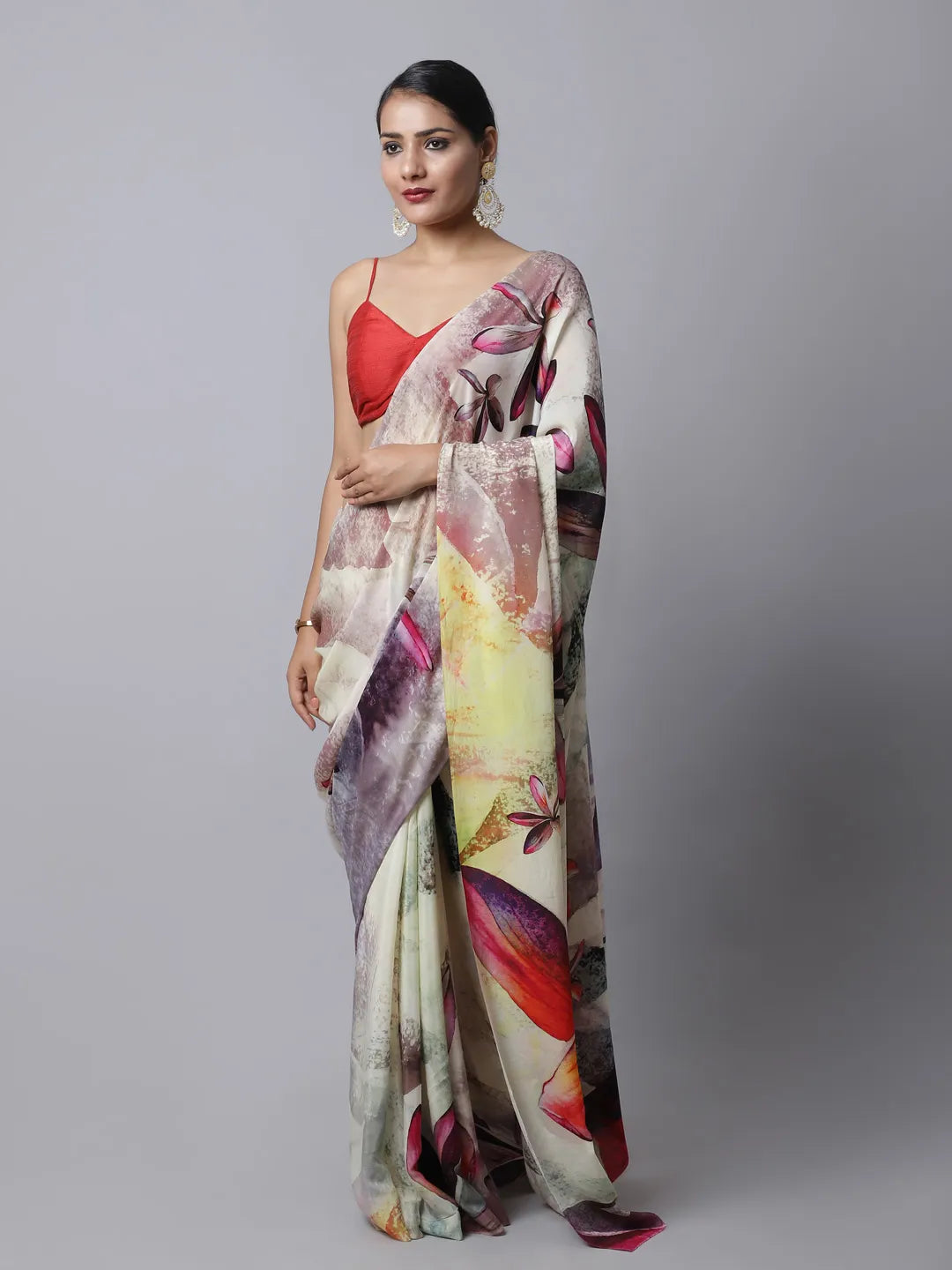 Scarlet Sage Crepe Silk Saree with bold floral design