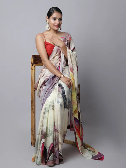 Scarlet Sage Crepe Silk Saree with bold floral design