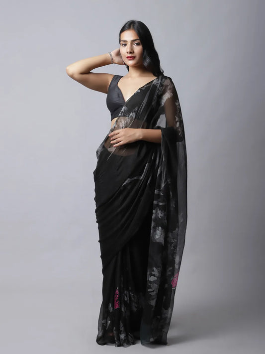 Shale Silk Chiffon Saree in bold black and fuchsia