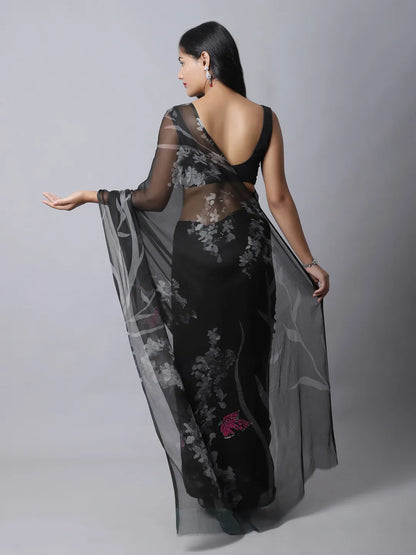 Shale Silk Chiffon Saree in bold black and fuchsia