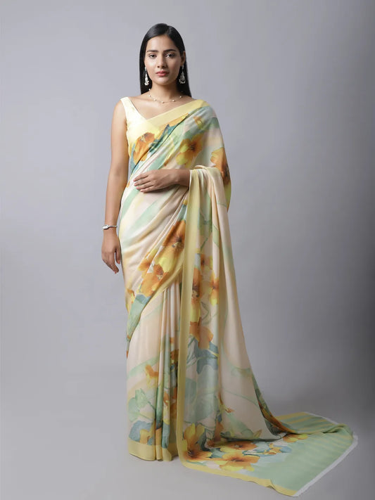 Soleil Yellow Crepe Silk Saree with Floral Patterns