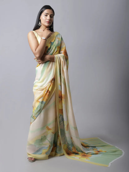 Soleil Yellow Crepe Silk Saree with Floral Patterns