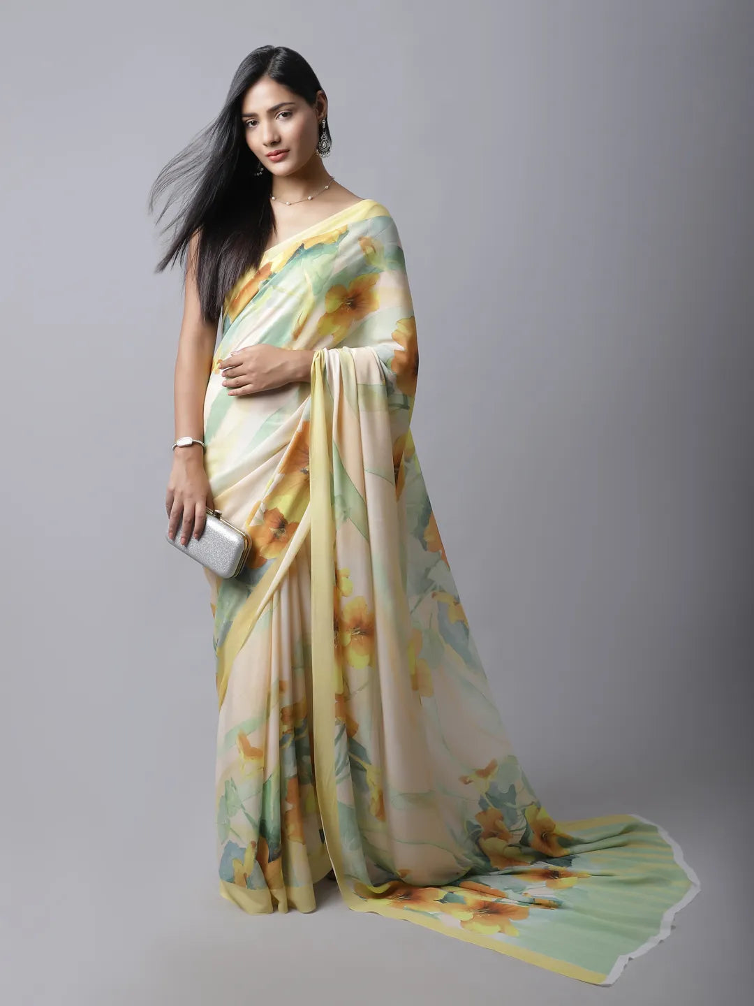 Soleil Yellow Crepe Silk Saree with Floral Patterns