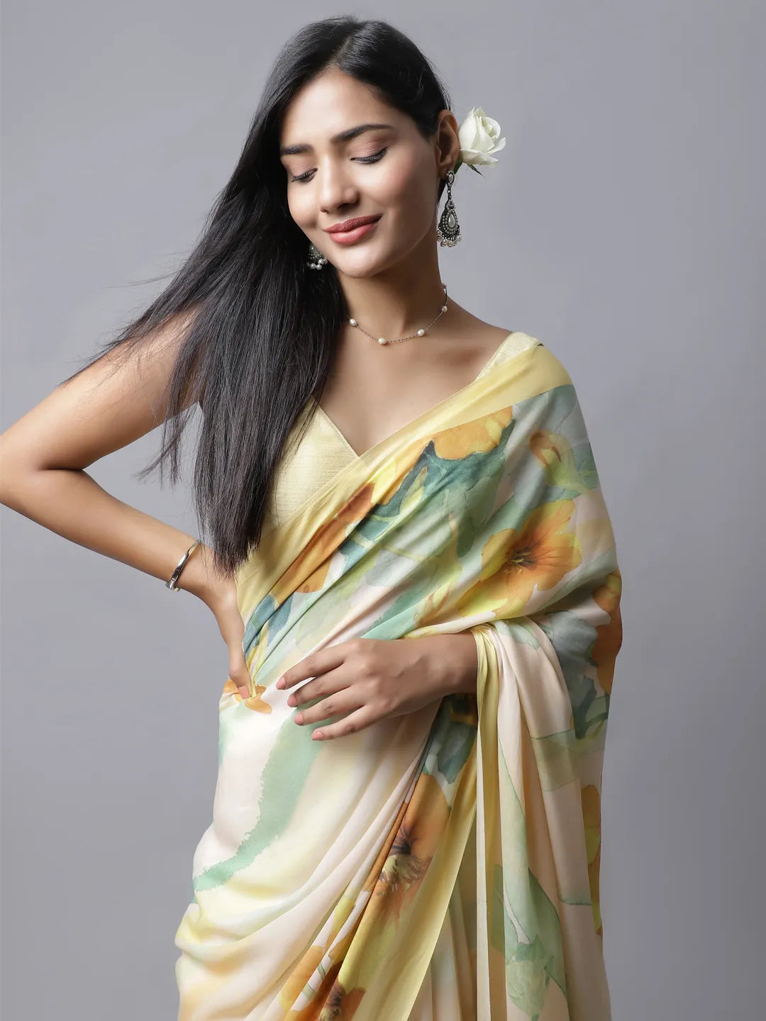 Soleil Yellow Crepe Silk Saree with Floral Patterns