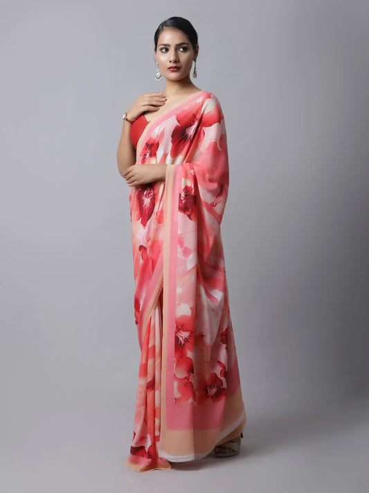 Strawberry Crepe Silk Saree with romantic floral hues