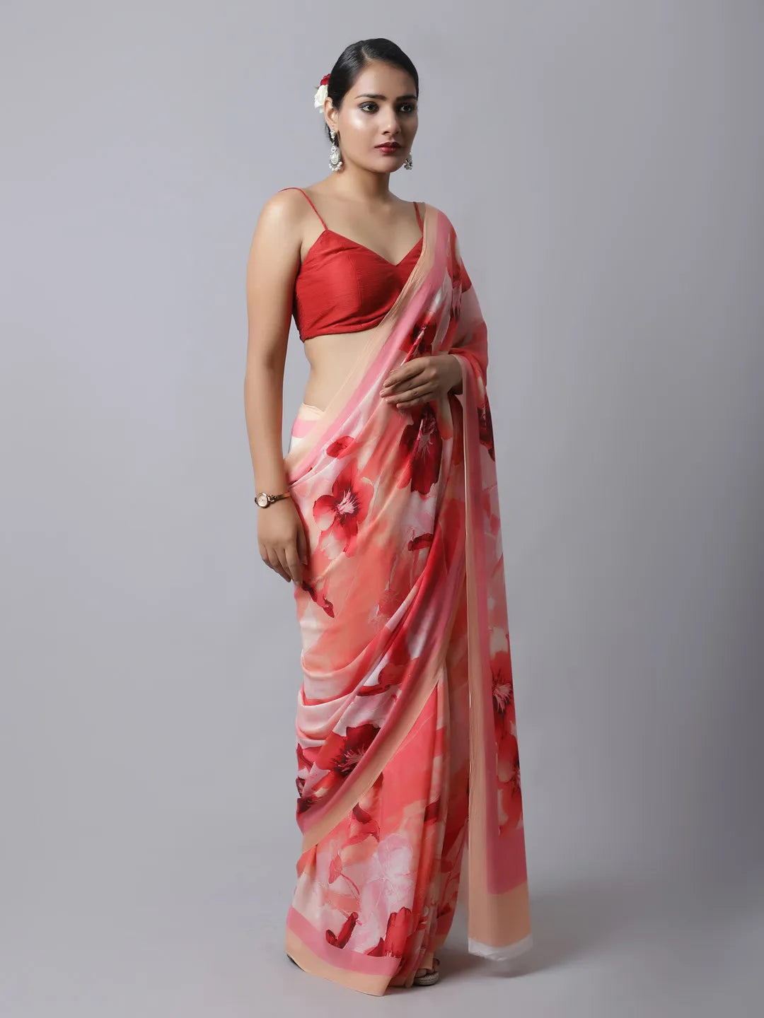 Strawberry Crepe Silk Saree with romantic floral hues