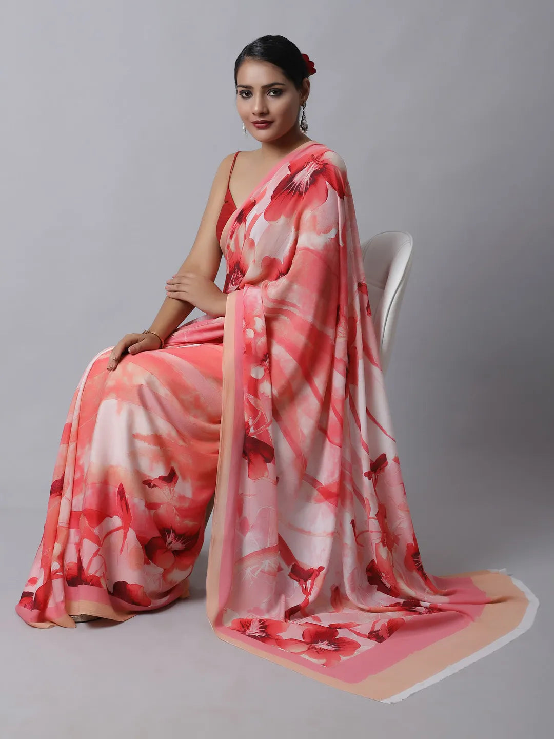 Strawberry Crepe Silk Saree with romantic floral hues