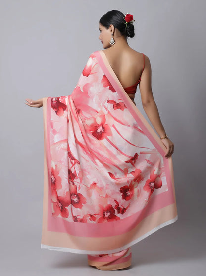 Strawberry Crepe Silk Saree with romantic floral hues