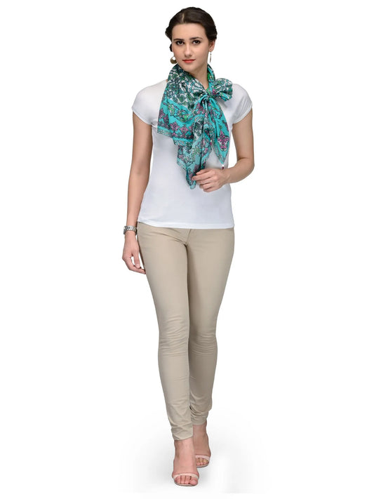 Teal green cotton silk scarf with Mughal floral motifs