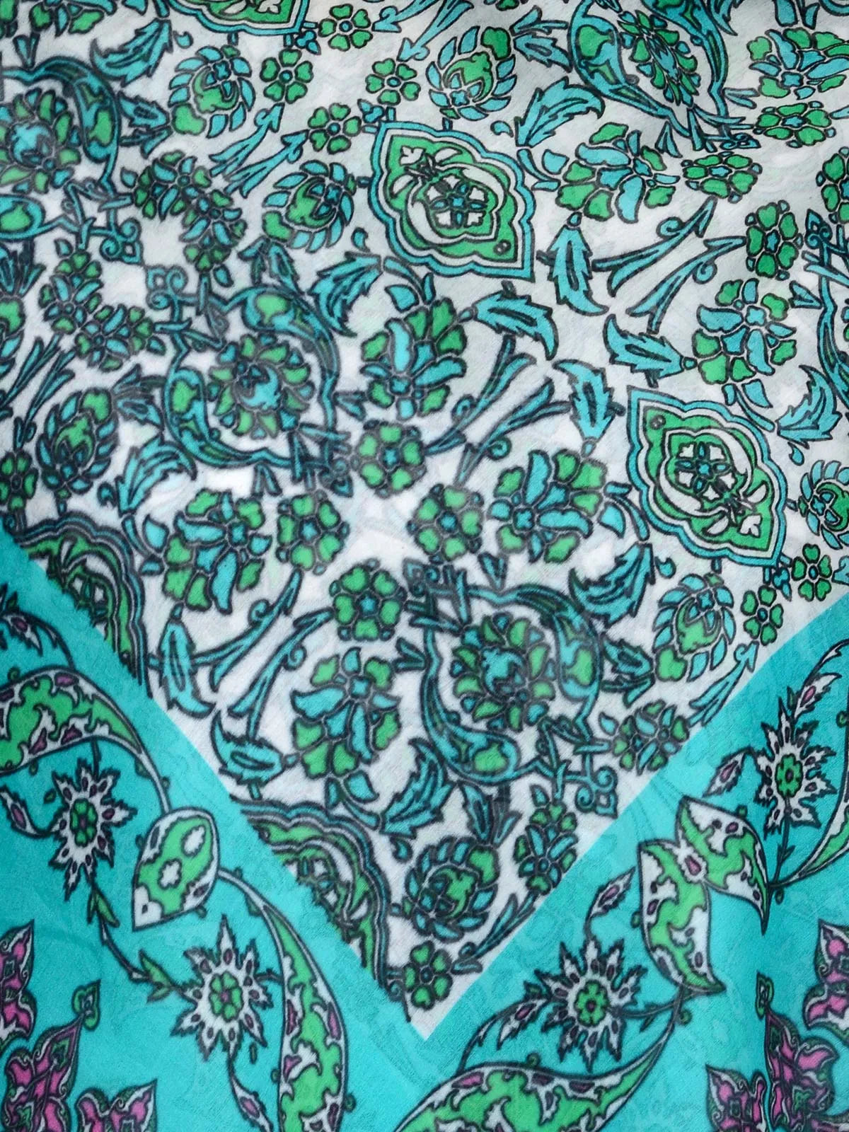 Teal green cotton silk scarf with Mughal floral motifs