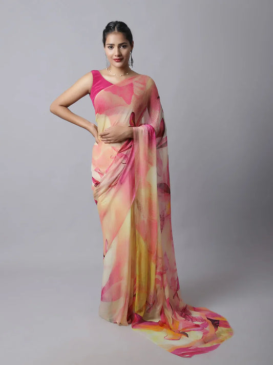 Tiffany Rose Silk Chiffon Saree in pink and yellow